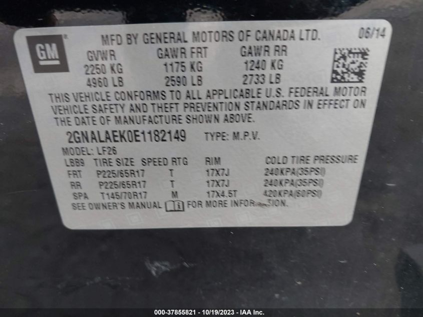 2014 Chevrolet Equinox Ls VIN: 2GNALAEK0E1182149 Lot: 37855821