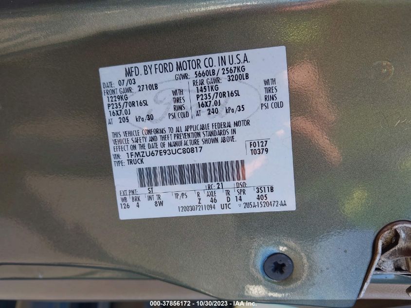 2003 Ford Explorer Sport Trac Xls/Xlt/Xlt Premium VIN: 1FMZU67E93UC80817 Lot: 37856172