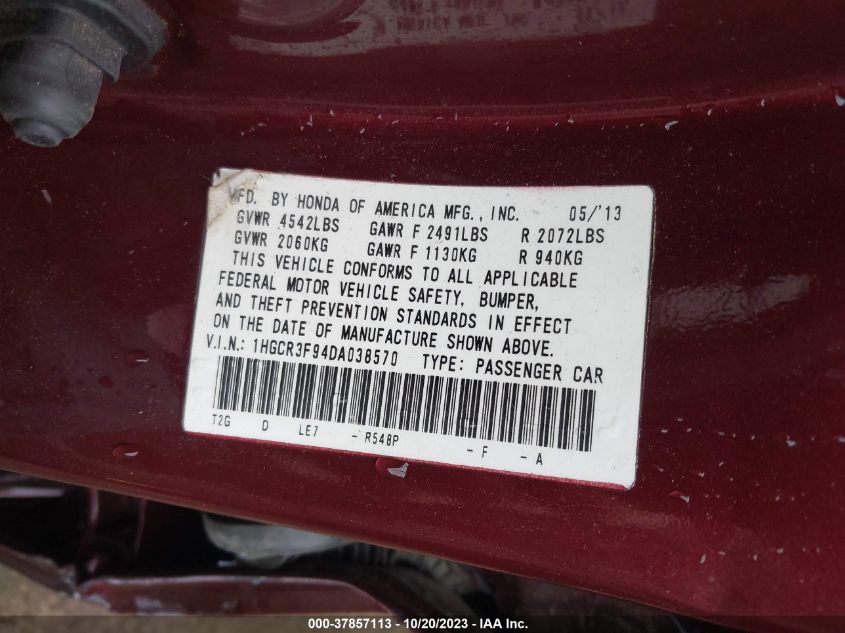 2013 Honda Accord Touring VIN: 1HGCR3F94DA038570 Lot: 37857113