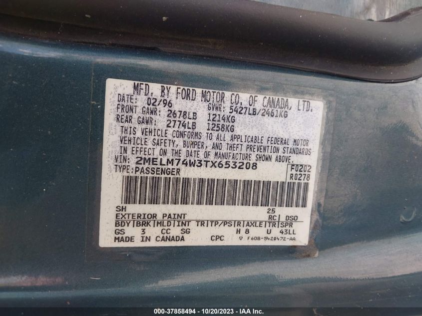 1996 Mercury Grand Marquis Gs VIN: 2MELM74W3TX653208 Lot: 37858494