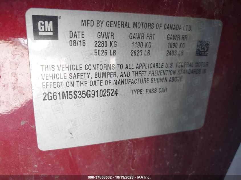 2016 Cadillac Xts Luxury Collection VIN: 2G61M5S35G9102524 Lot: 37858532