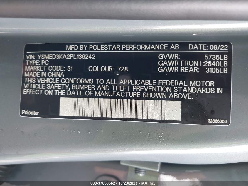 2023 Polestar 2 Long Range Dual Motor/Long Range Dual Motor Plus VIN: YSMED3KA2PL136242 Lot: 37858562