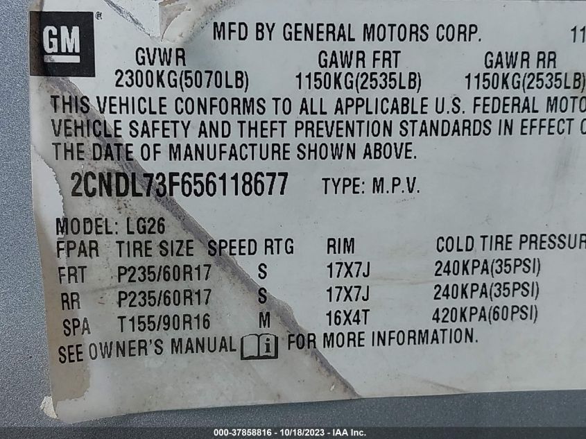 2CNDL73F656118677 2005 Chevrolet Equinox Lt