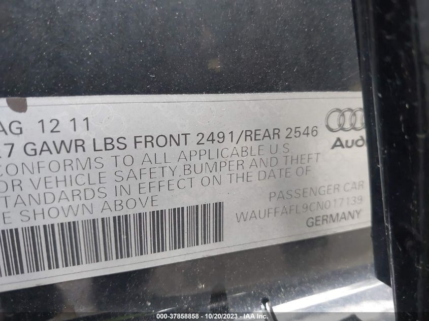 2012 Audi A4 2.0T Premium Plus VIN: WAUFFAFL9CN017139 Lot: 37858858