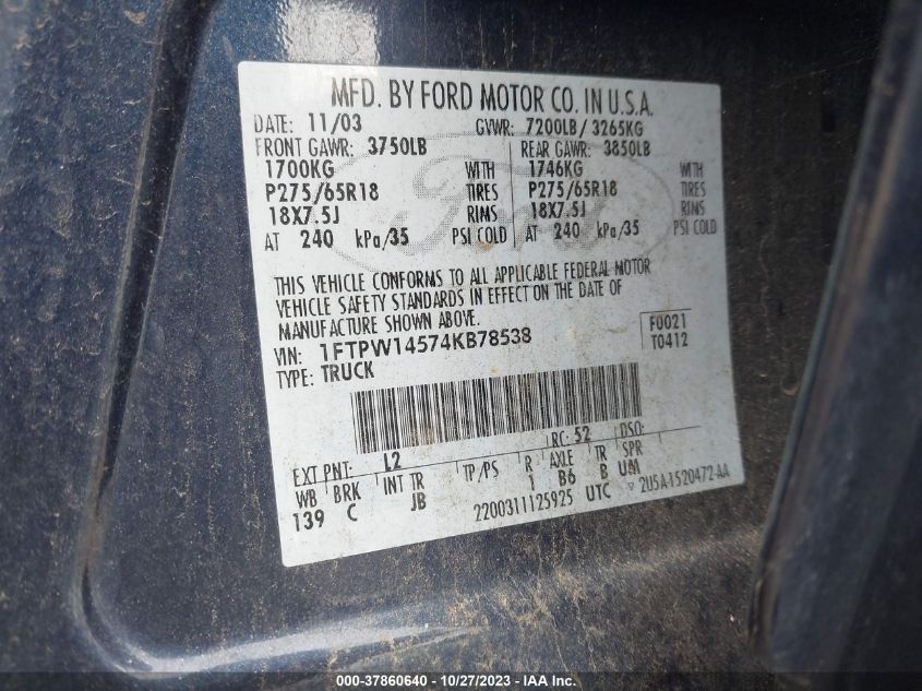 1FTPW14574KB78538 2004 Ford F-150 Xlt/Lariat/Fx4