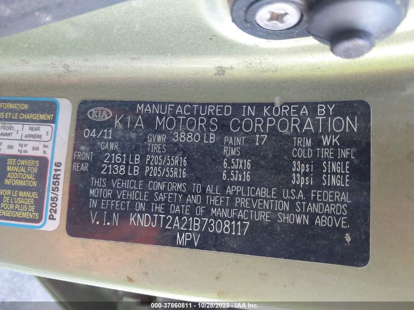 2011 Kia Soul + VIN: KNDJT2A21B7308117 Lot: 37860811