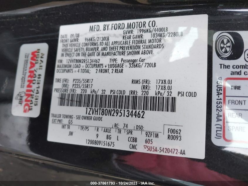 2009 Ford Mustang VIN: 1ZVHT80N295134462 Lot: 37861793