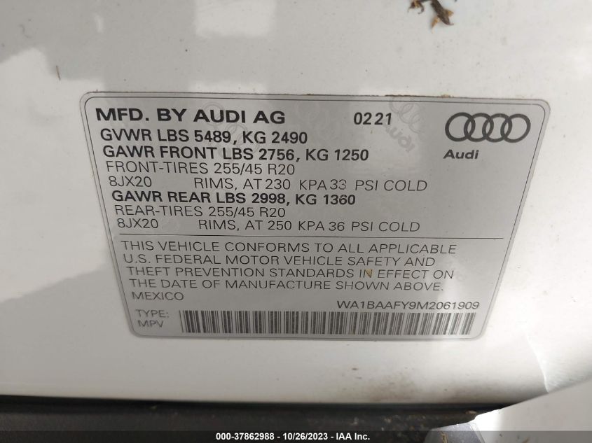 2021 Audi Q5 Premium Plus VIN: WA1BAAFY9M2061909 Lot: 37862988