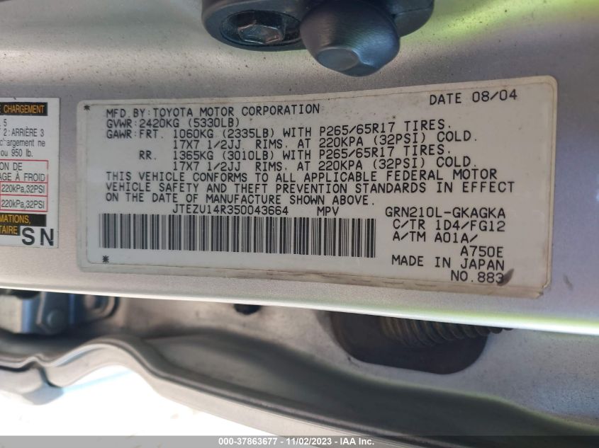 2005 Toyota 4Runner Sr5 VIN: JTEZU14R350043664 Lot: 37863677