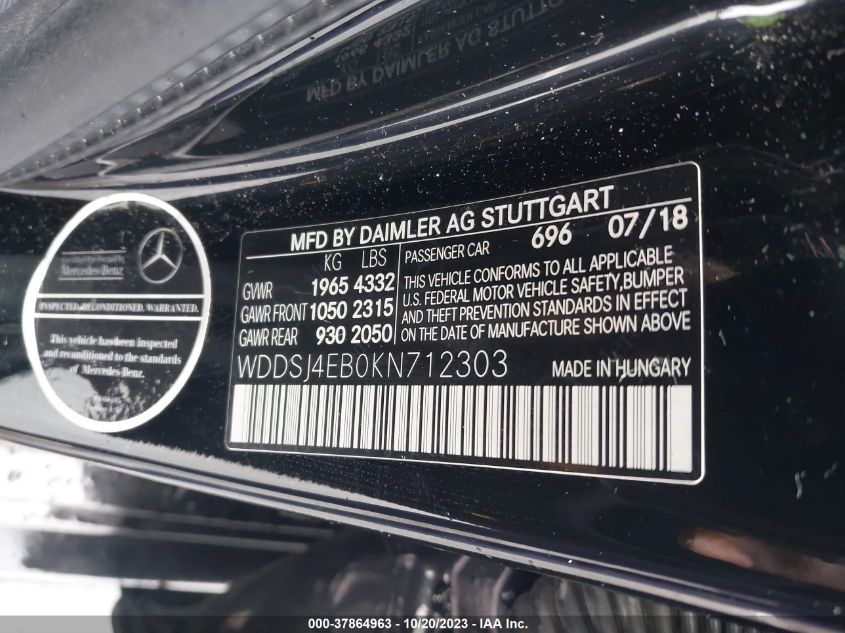 WDDSJ4EB0KN712303 2019 Mercedes-Benz Cla 250