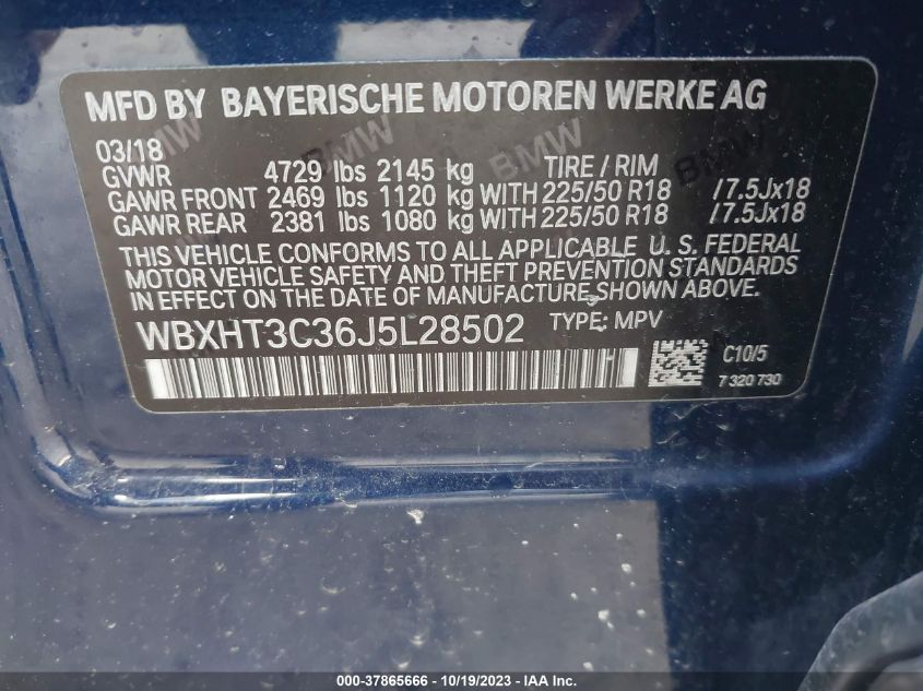 2018 BMW X1 xDrive28I VIN: WBXHT3C36J5L28502 Lot: 37865666
