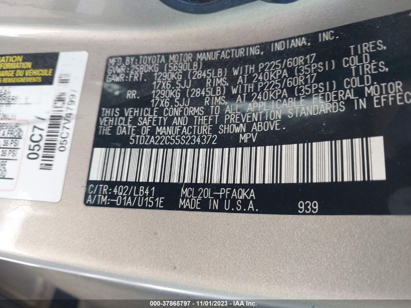 2005 Toyota Sienna Xle VIN: 5TDZA22C55S234372 Lot: 37865797