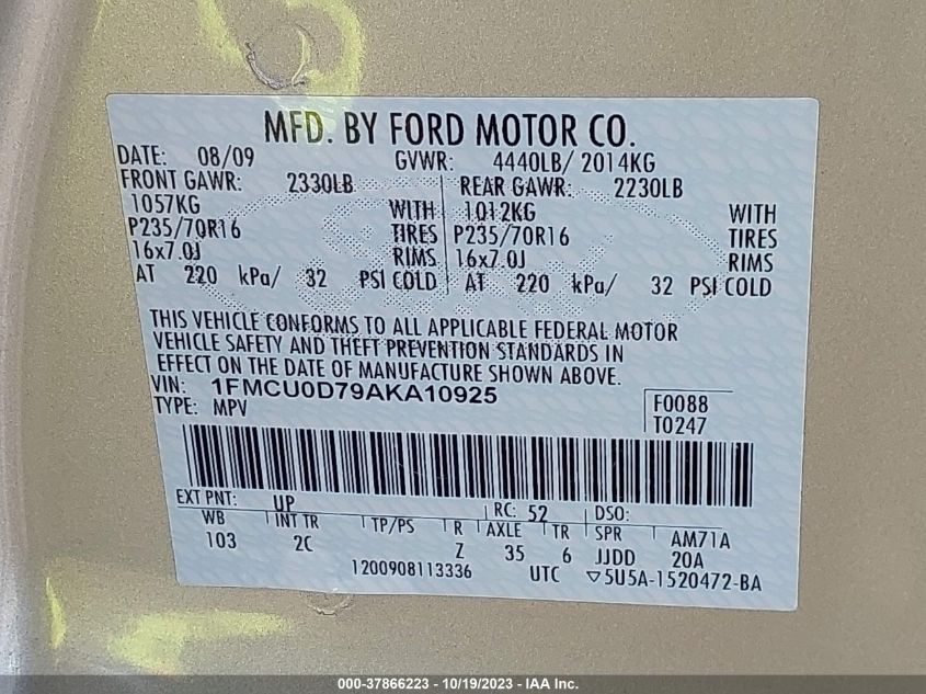 1FMCU0D79AKA10925 2010 Ford Escape Xlt