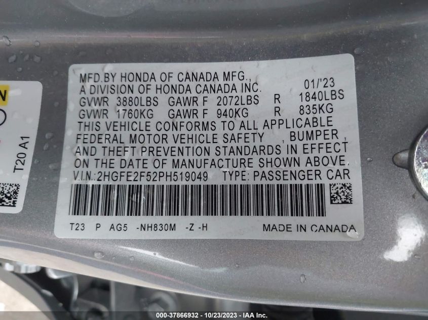 2HGFE2F52PH519049 2023 Honda Civic Sedan Sport