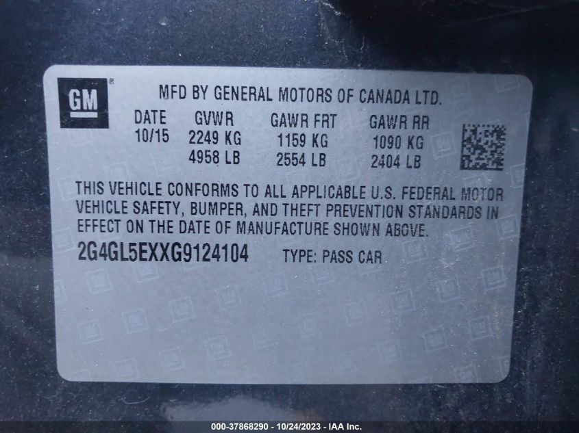 2016 Buick Regal VIN: 2G4GL5EXXG9124104 Lot: 37868290