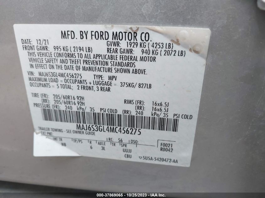 2021 Ford Ecosport Se VIN: MAJ6S3GL4MC456275 Lot: 37869065