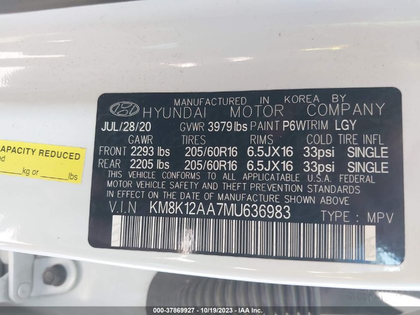 2021 Hyundai Kona Se VIN: KM8K12AA7MU636983 Lot: 40742267