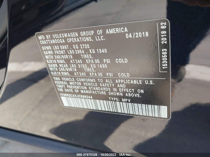 2018 Volkswagen Atlas 3.6L V6 Se VIN: 1V2KR2CAXJC566244 Lot: 37870326