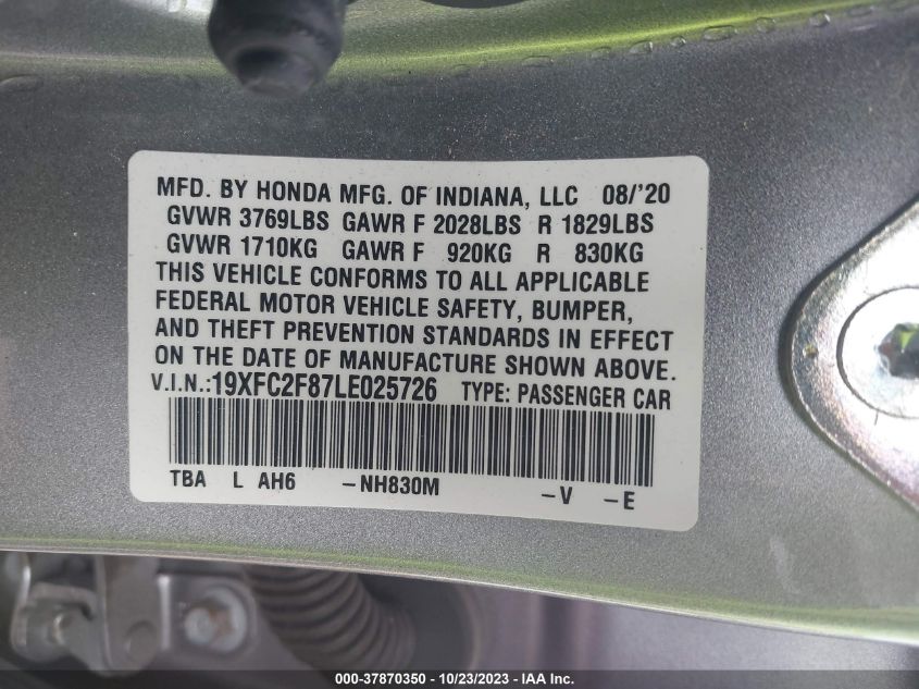 2020 Honda Civic Sport VIN: 19XFC2F87LE025726 Lot: 37870350