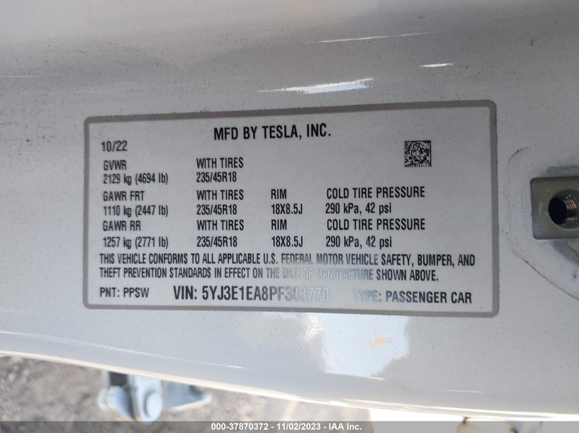 2023 Tesla Model 3 VIN: 5YJ3E1EA8PF383770 Lot: 37870372