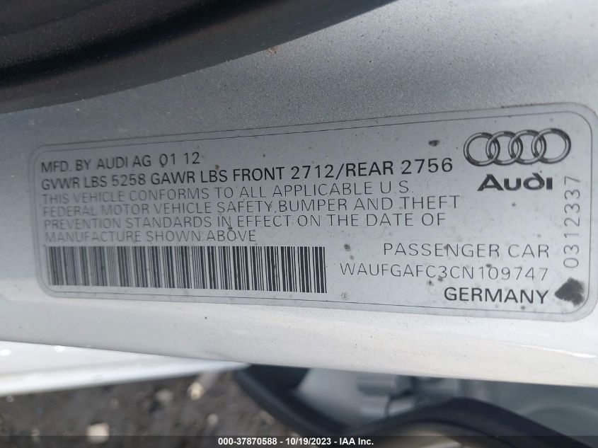 2012 Audi A6 3.0 Premium VIN: WAUFGAFC3CN109747 Lot: 37870588