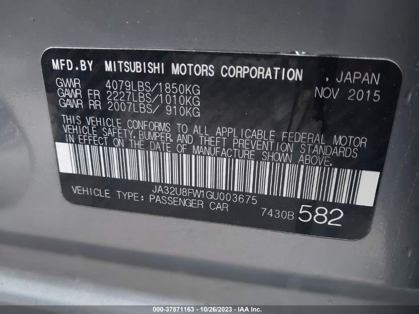 2016 Mitsubishi Lancer Gt VIN: JA32U8FW1GU003675 Lot: 37871163