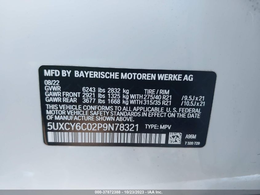 VIN 5UXCY6C02P9N78321 2023 BMW X6, Xdrive40I no.9