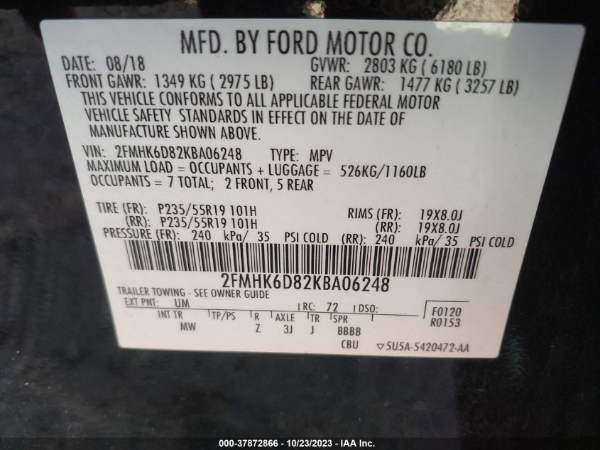 2019 Ford Flex Limited VIN: 2FMHK6D82KBA06248 Lot: 37872866
