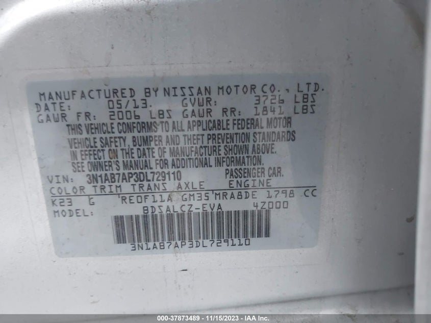 2013 Nissan Sentra S VIN: 3N1AB7AP3DL729110 Lot: 37873489