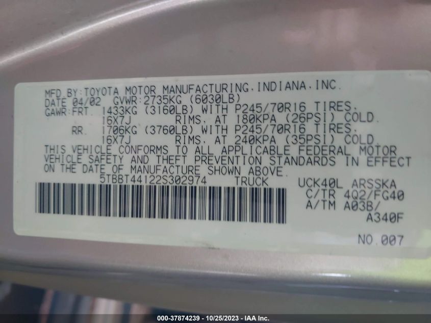 2002 Toyota Tundra Sr5 VIN: 5TBBT44122S302974 Lot: 37874239