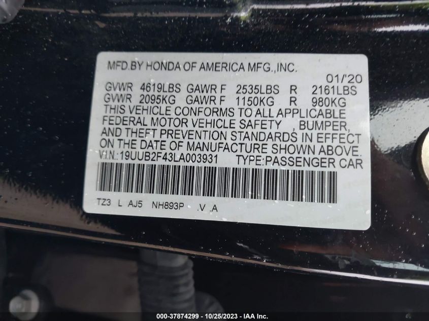 2020 Acura Tlx W/Technology Pkg VIN: 19UUB2F43LA003931 Lot: 37874299