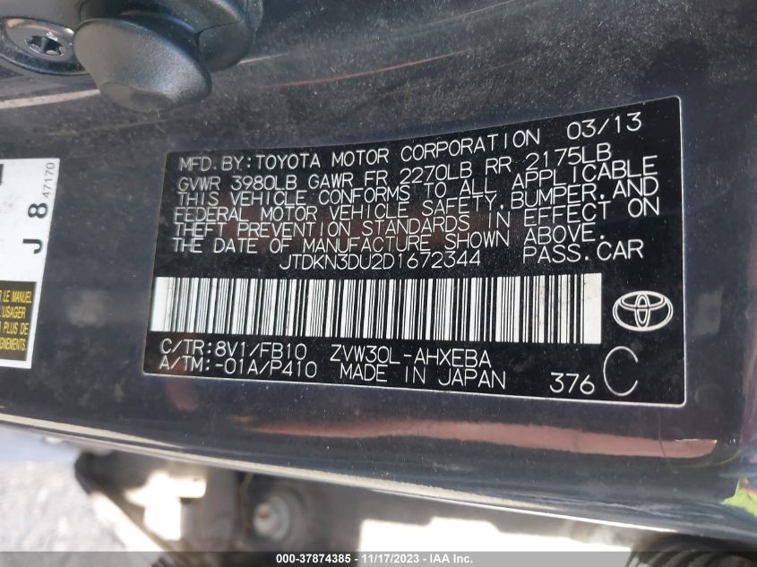 2013 Toyota Prius One/Two/Three/Four/Five VIN: JTDKN3DU2D1672344 Lot: 37874385