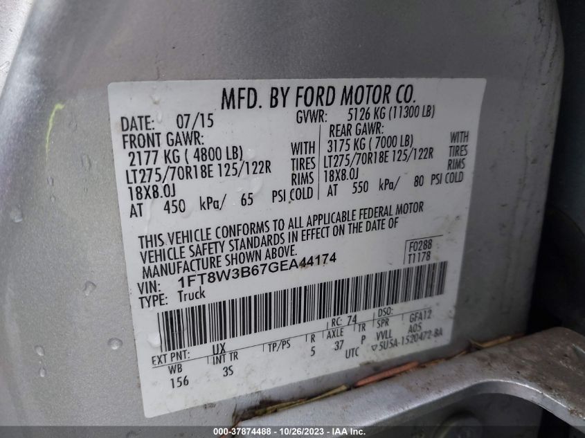 2016 Ford Super Duty F-350 Srw Platinum/Xl/Xlt/Lariat VIN: 1FT8W3B67GEA44174 Lot: 37874488