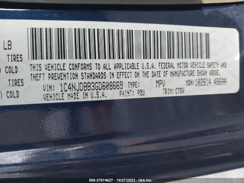 2016 Jeep Compass Sport VIN: 1C4NJDBB3GD608669 Lot: 37874627