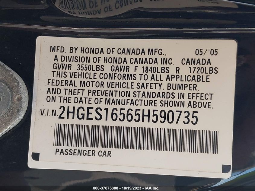 2005 Honda Civic Lx VIN: 2HGES16565H590735 Lot: 37875308
