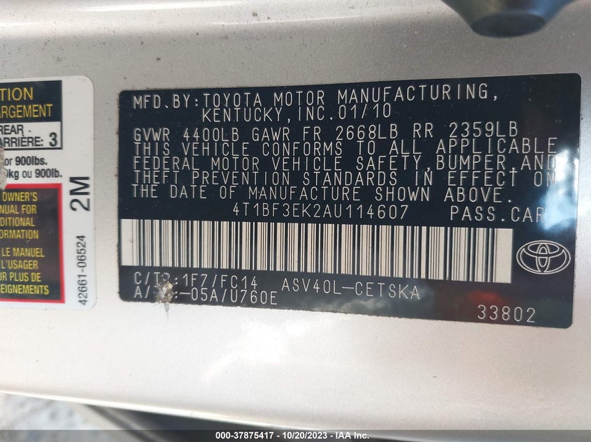 2010 Toyota Camry Se VIN: 4T1BF3EK2AU114607 Lot: 37875417