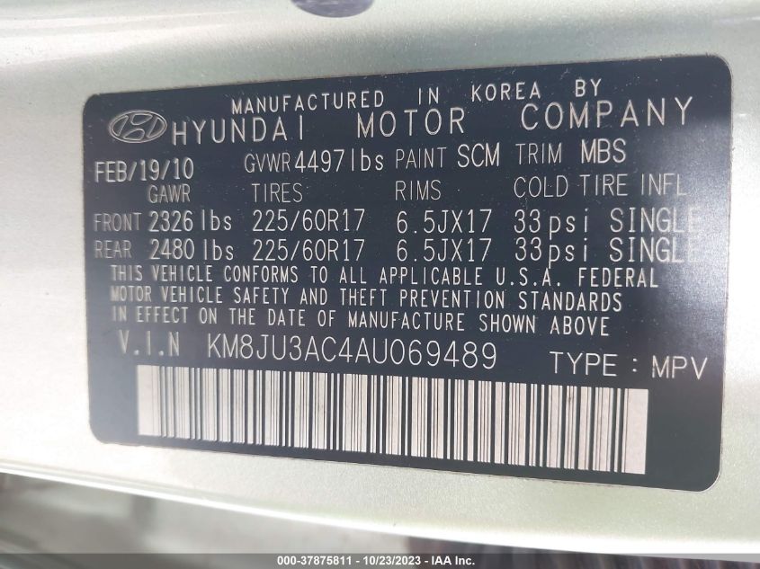 2010 Hyundai Tucson Gls VIN: KM8JU3AC4AU069489 Lot: 37875811