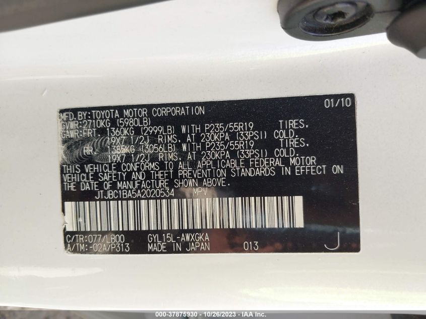 2010 Lexus Rx 450H VIN: JTJBC1BA5A2020534 Lot: 37875930