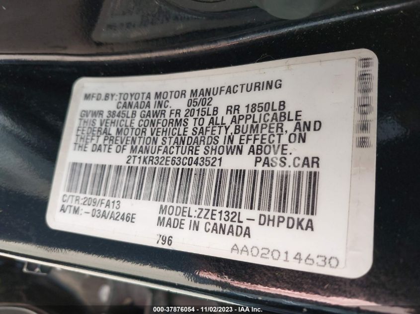 2003 Toyota Matrix Std/Xr VIN: 2T1KR32E63C043521 Lot: 37876054