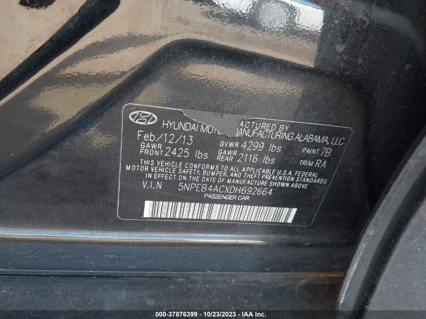 5NPEB4ACXDH692664 2013 Hyundai Sonata Gls