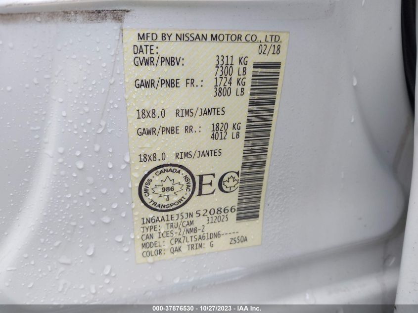 2018 Nissan Titan Sv VIN: 1N6AA1EJ5JN520866 Lot: 37876530