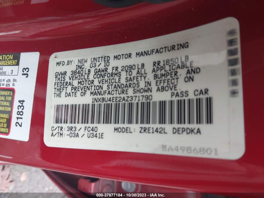 2010 Toyota Corolla VIN: 1NXBU4EE2AZ371790 Lot: 37877184