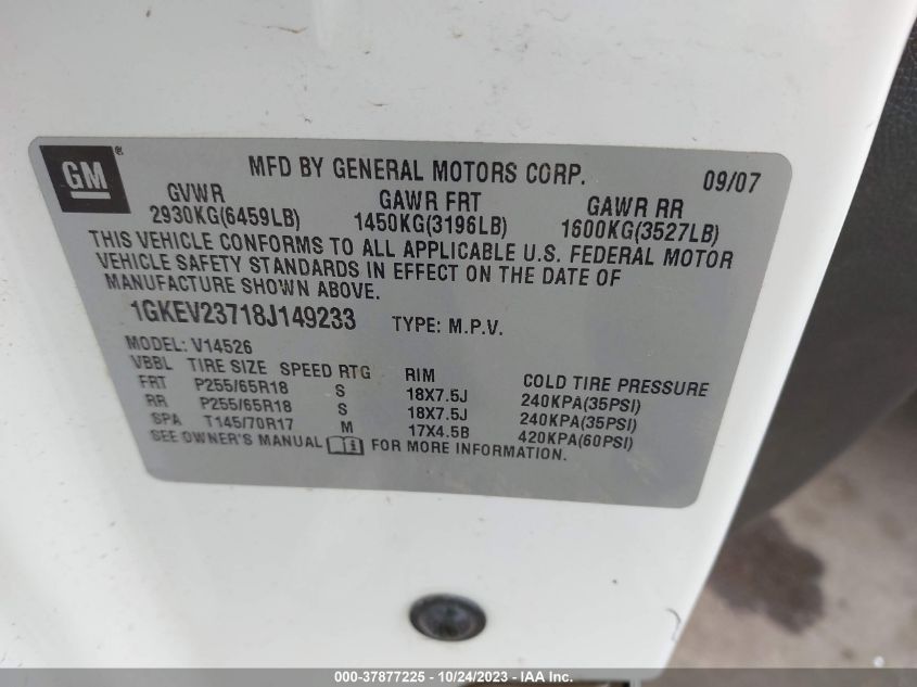 2008 GMC Acadia Slt1 VIN: 1GKEV23718J149233 Lot: 37877225
