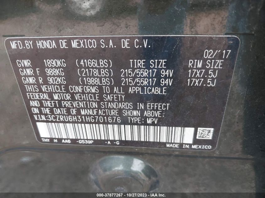 2017 Honda Hr-V Lx VIN: 3CZRU6H31HG701676 Lot: 37877267