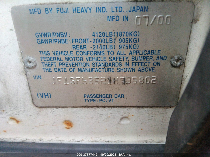 2001 Subaru Forester L VIN: JF1SF63521H735802 Lot: 37877442