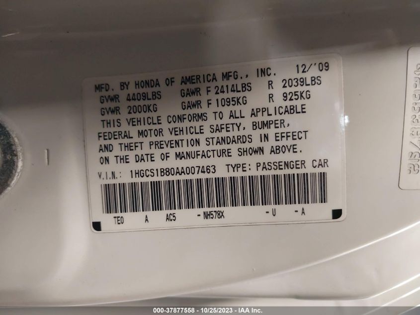 2010 Honda Accord Cpe Ex-L VIN: 1HGCS1B80AA007463 Lot: 37877558