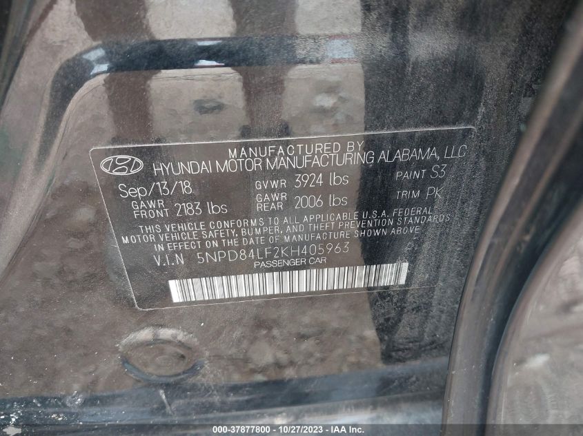 2019 Hyundai Elantra Sel VIN: 5NPD84LF2KH405963 Lot: 37877800