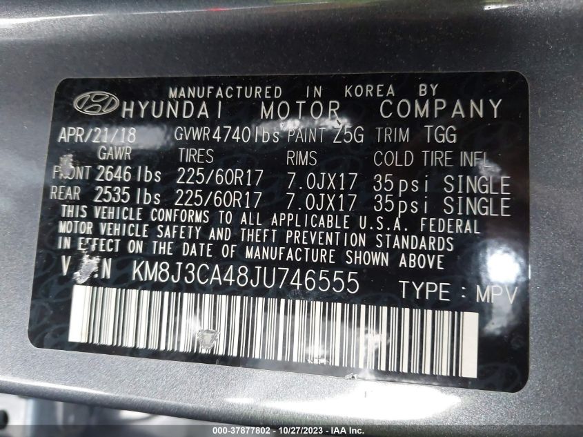 2018 Hyundai Tucson Sel VIN: KM8J3CA48JU746555 Lot: 37877802