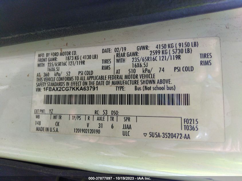 2019 Ford Transit-350 Xlt VIN: 1FBAX2CG7KKA63791 Lot: 37877897