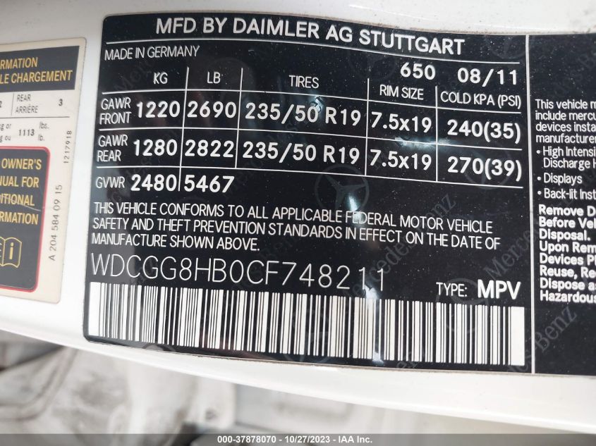 WDCGG8HB0CF748211 2012 Mercedes-Benz Glk 350